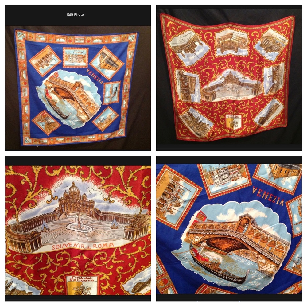 2 Vintage Scarfs of Rome/ Venice Red Blue 31" X 31
